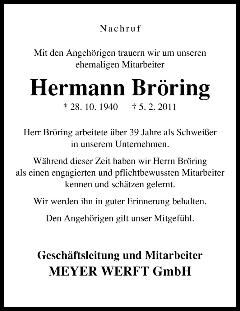  Traueranzeige für Hermann Bröring vom 10.02.2011 aus Neue Osnabrücker Zeitung GmbH & Co. KG