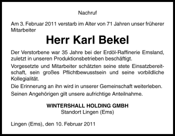 Traueranzeige von Karl Bekel von Neue Osnabrücker Zeitung GmbH & Co. KG