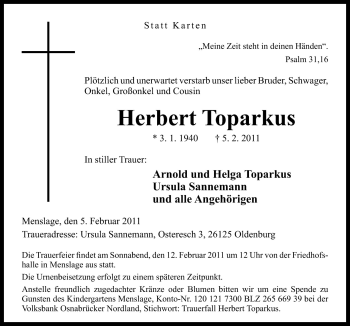Traueranzeige von Herbert Toparkus von Neue Osnabrücker Zeitung GmbH & Co. KG