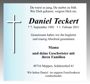 Traueranzeige von Daniel Teckert von Neue Osnabrücker Zeitung GmbH & Co. KG