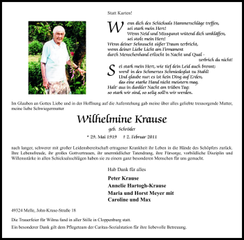 Traueranzeige von Wilhelmine Krause von Neue Osnabrücker Zeitung GmbH & Co. KG