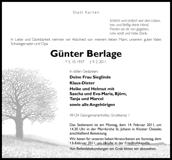 Traueranzeige von Günter Berlage von Neue Osnabrücker Zeitung GmbH & Co. KG