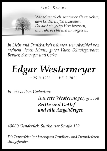 Traueranzeige von Edgar Westermeyer von Neue Osnabrücker Zeitung GmbH & Co. KG