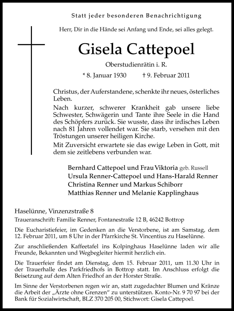  Traueranzeige für Gisela Cattepoel vom 11.02.2011 aus Neue Osnabrücker Zeitung GmbH & Co. KG