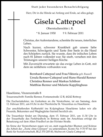 Traueranzeige von Gisela Cattepoel von Neue Osnabrücker Zeitung GmbH & Co. KG