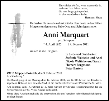 Traueranzeige von Anni Marquart von Neue Osnabrücker Zeitung GmbH & Co. KG