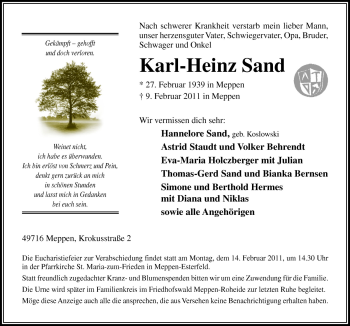 Traueranzeige von Karl-Heinz Sand von Neue Osnabrücker Zeitung GmbH & Co. KG