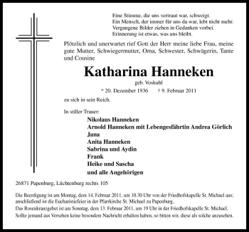 Traueranzeige von Katharina Hanneken von Neue Osnabrücker Zeitung GmbH & Co. KG