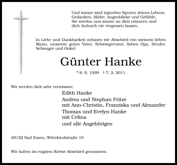 Traueranzeige von Günther Hanke von Neue Osnabrücker Zeitung GmbH & Co. KG