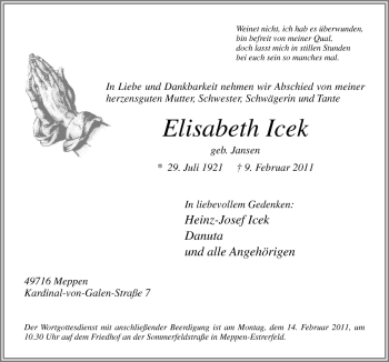 Traueranzeige von Elisabeth Icek von Neue Osnabrücker Zeitung GmbH & Co. KG