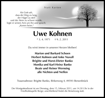 Traueranzeige von Uwe Kohnen von Neue Osnabrücker Zeitung GmbH & Co. KG