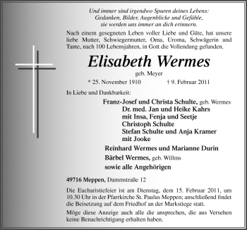 Traueranzeige von Elisabeth Wermes von Neue Osnabrücker Zeitung GmbH & Co. KG