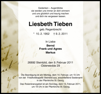 Traueranzeige von Liesbeth Tieben von Neue Osnabrücker Zeitung GmbH & Co. KG