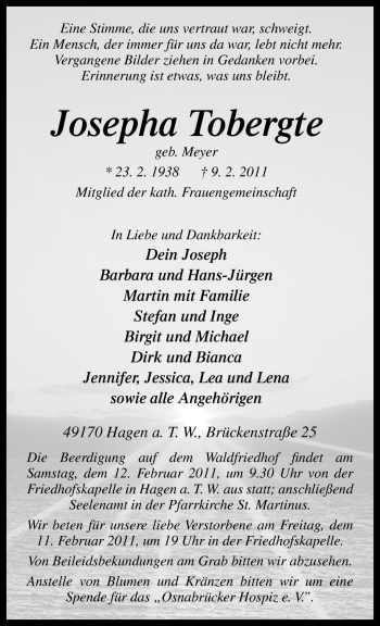 Traueranzeige von Josepha Tobergte von Neue Osnabrücker Zeitung GmbH & Co. KG