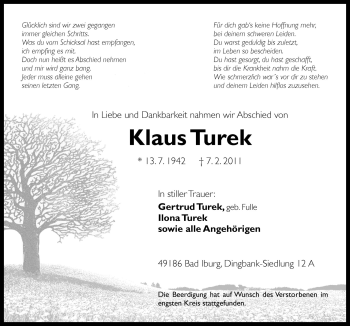 Traueranzeige von Klaus Turek von Neue Osnabrücker Zeitung GmbH & Co. KG
