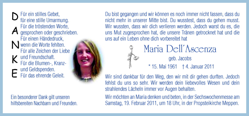  Traueranzeige für Maria Dell´Ascenza vom 12.02.2011 aus Neue Osnabrücker Zeitung GmbH & Co. KG
