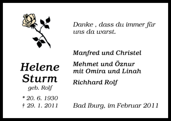 Traueranzeige von Helene Sturm von Neue Osnabrücker Zeitung GmbH & Co. KG