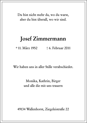 Traueranzeige von Josef Zimmermann von Neue Osnabrücker Zeitung GmbH & Co. KG