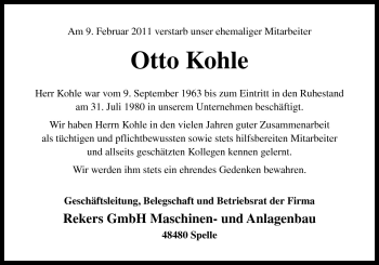 Traueranzeige von Otto Kohle von Neue Osnabrücker Zeitung GmbH & Co. KG