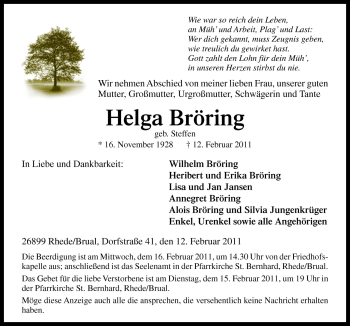 Traueranzeige von Helga Bröring von Neue Osnabrücker Zeitung GmbH & Co. KG