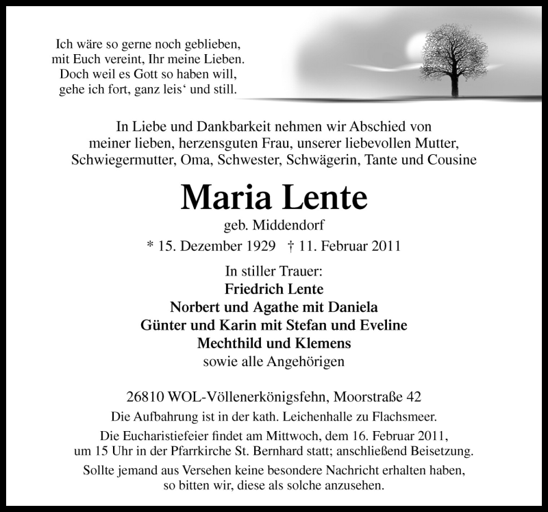  Traueranzeige für Maria Lente vom 14.02.2011 aus Neue Osnabrücker Zeitung GmbH & Co. KG