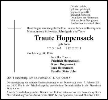 Traueranzeige von Traute Hoppensack von Neue Osnabrücker Zeitung GmbH & Co. KG