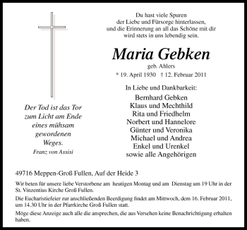 Traueranzeige von Maria Gebken von Neue Osnabrücker Zeitung GmbH & Co. KG