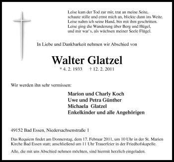 Traueranzeige von Walter Glatzel von Neue Osnabrücker Zeitung GmbH & Co. KG