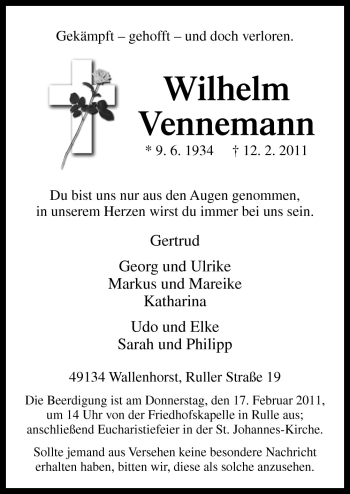 Traueranzeige von Wilhelm Vennemann von Neue Osnabrücker Zeitung GmbH & Co. KG
