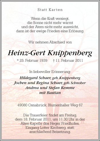 Traueranzeige von Heinz-Gert Knippenberg von Neue Osnabrücker Zeitung GmbH & Co. KG