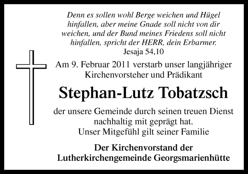  Traueranzeige für Stephan-Lutz Tobatzsch vom 14.02.2011 aus Neue Osnabrücker Zeitung GmbH & Co. KG