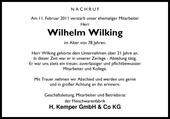 Traueranzeige von Wilhelm Wilking von Neue Osnabrücker Zeitung GmbH & Co. KG