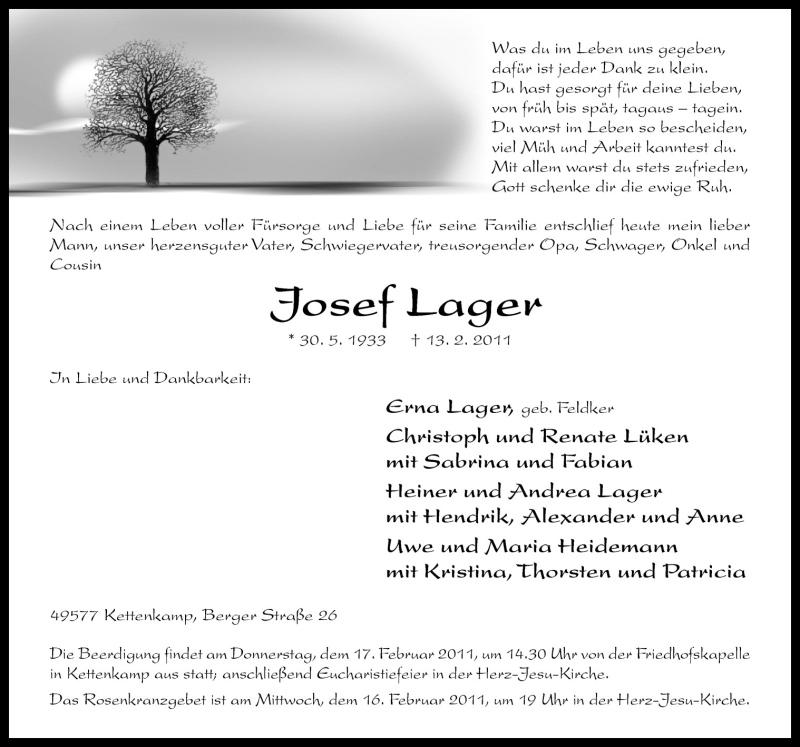  Traueranzeige für Josef Lager vom 15.02.2011 aus Neue Osnabrücker Zeitung GmbH & Co. KG