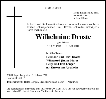 Traueranzeige von Wilhelmine Droste von Neue Osnabrücker Zeitung GmbH & Co. KG