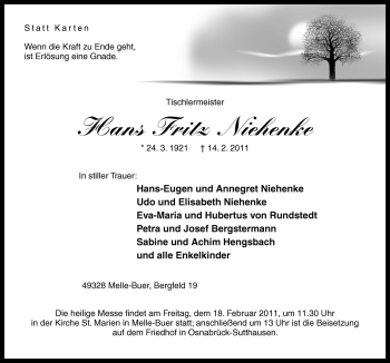 Traueranzeige von Hans Fritz Niehenke von Neue Osnabrücker Zeitung GmbH & Co. KG