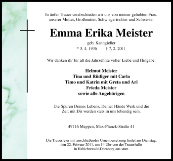 Traueranzeige von Emma Erika Meister von Neue Osnabrücker Zeitung GmbH & Co. KG