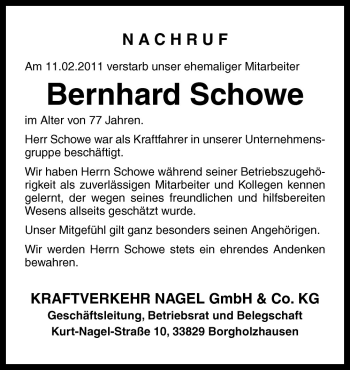 Traueranzeige von Bernhard Schowe von Neue Osnabrücker Zeitung GmbH & Co. KG