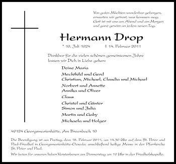 Traueranzeige von Hermann Drop von Neue Osnabrücker Zeitung GmbH & Co. KG