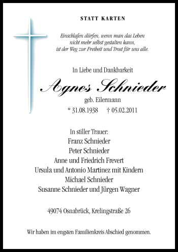 Traueranzeige von Agnes Schnieder von Neue Osnabrücker Zeitung GmbH & Co. KG