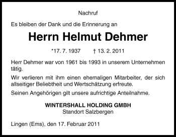 Traueranzeige von Helmut Dehmer von Neue Osnabrücker Zeitung GmbH & Co. KG