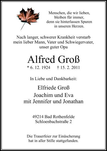 Traueranzeige von Alfred Groß von Neue Osnabrücker Zeitung GmbH & Co. KG