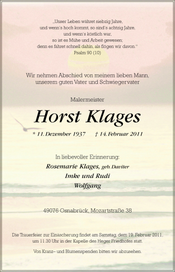Traueranzeige von Horst Klages von Neue Osnabrücker Zeitung GmbH & Co. KG