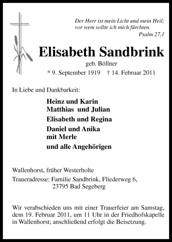 Traueranzeige von Elisabeth Samdbrink von Neue Osnabrücker Zeitung GmbH & Co. KG