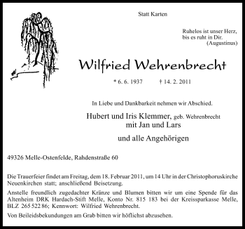 Traueranzeige von Wilfried Wehrenbrecht von Neue Osnabrücker Zeitung GmbH & Co. KG
