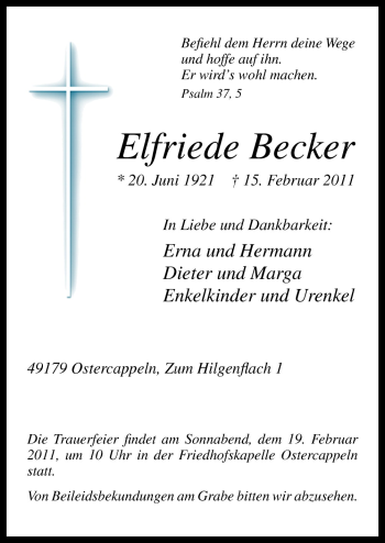 Traueranzeige von Elfriede Becker von Neue Osnabrücker Zeitung GmbH & Co. KG