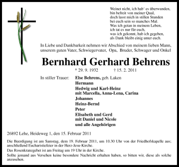 Traueranzeige von Bernhard Gerhard Behrens von Neue Osnabrücker Zeitung GmbH & Co. KG
