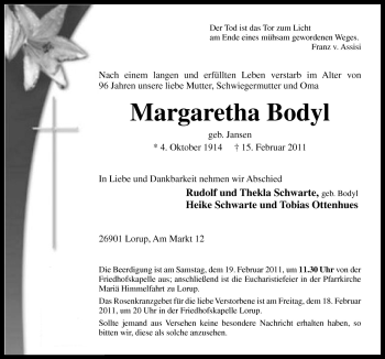 Traueranzeige von Margaretha Bodyl von Neue Osnabrücker Zeitung GmbH & Co. KG