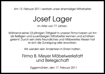 Traueranzeige von Josef Lager von Neue Osnabrücker Zeitung GmbH & Co. KG