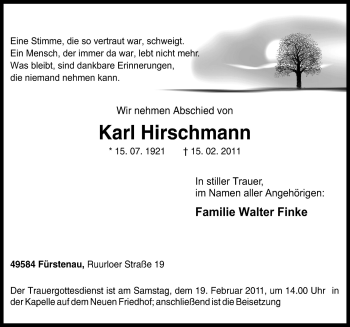 Traueranzeige von Karl Hirschmann von Neue Osnabrücker Zeitung GmbH & Co. KG