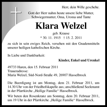 Traueranzeige von Klara Welzel von Neue Osnabrücker Zeitung GmbH & Co. KG